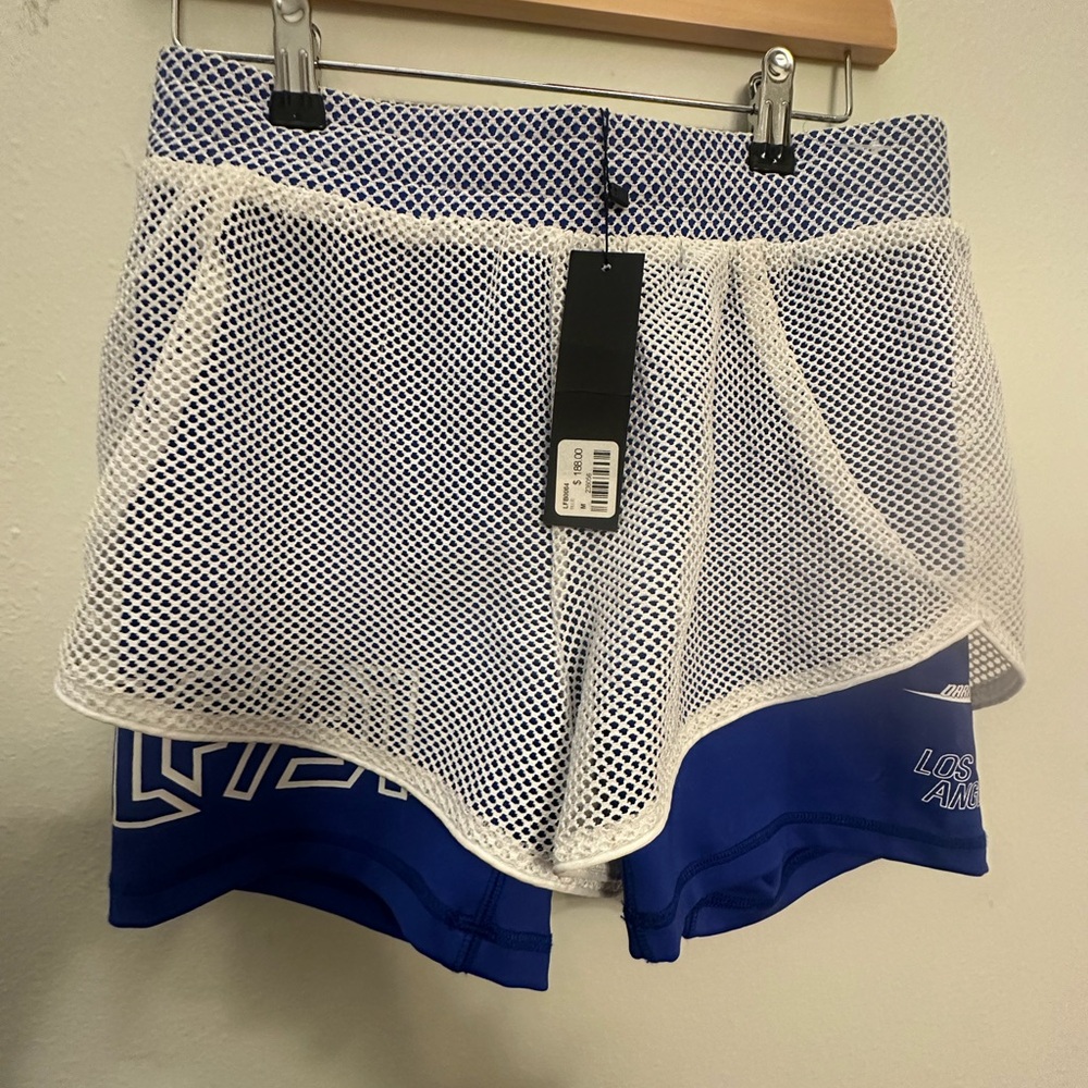 White Mesh Overlayer Athletic Shorts with Blue Liner